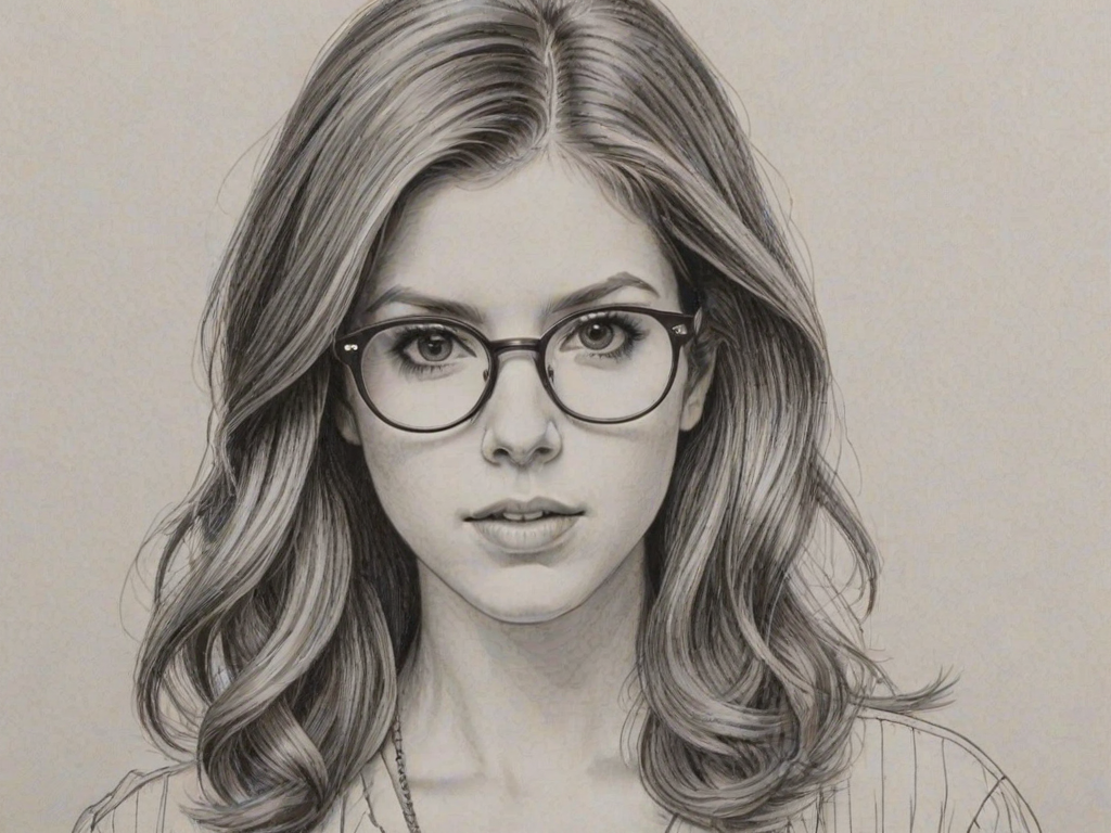 Comely Anna Kendrick, pencil sketch, portrait of Splendid woman 1978s in glasses, hair style beatnik, outline, clear lines, fine lines, 8k