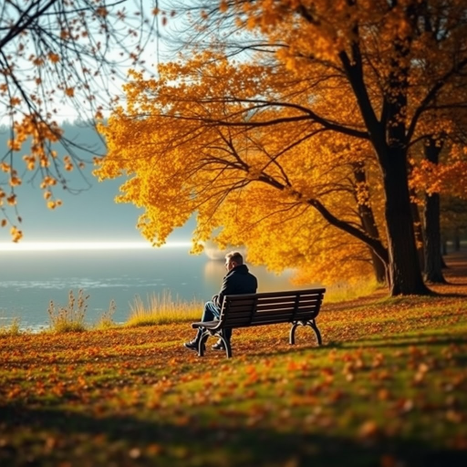 generate an image of a person sitting on a bench by a lake surrounded by autumn trees with golden leaves, soft morning light, shallow depth of field, f/2.8 aperture, 85mm lens, ISO 200, taken with a full-frame DSLR camera from a low angle to enhance the scene and create a dreamy atmosphere