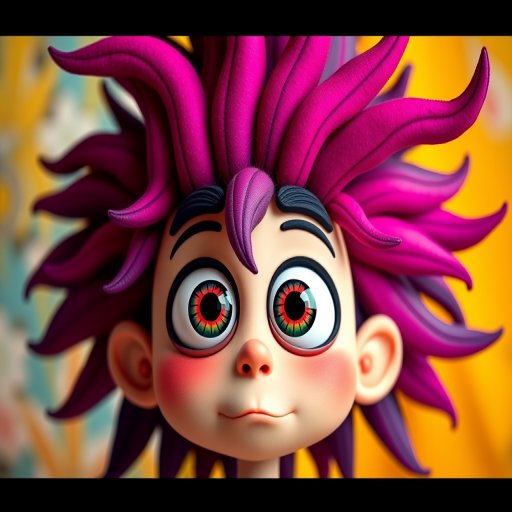 Create a vibrant cartoon character with exaggerated hair resembling a plant, large googly eyes, colorful background, using a DSLR camera with a 50mm lens, f/1.8 aperture, ISO 100, in a light studio setup, with a shallow depth of field for enhanced image quality.