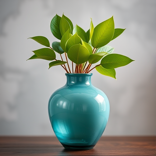 Create a high-resolution image of a teal vase with green leaves emerging from it, shot from a slightly elevated angle using a 50mm lens at f/2.8, ISO 100, and a soft focus background to enhance the subject.