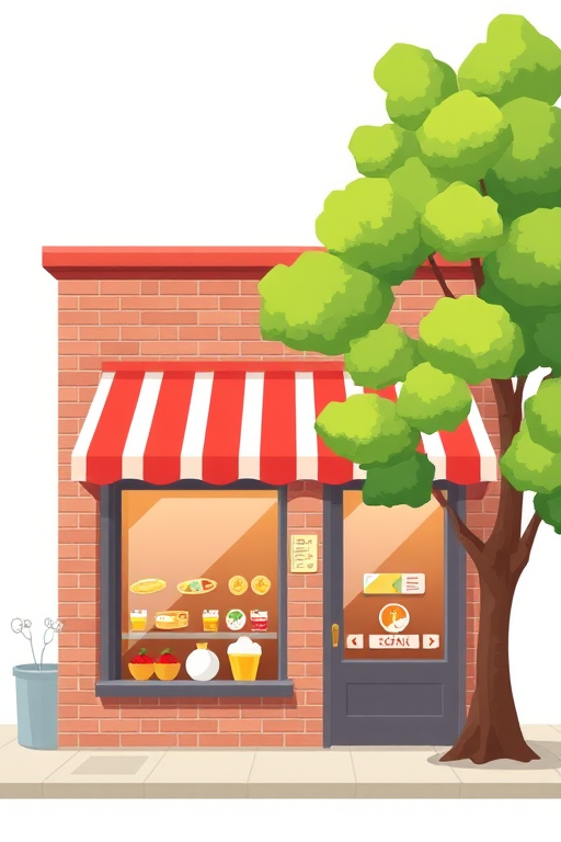 illustration of a small shop with red and white striped awning, two windows displaying food items, a green tree beside it, flat design style, high resolution, aperture f/8, ISO 100, 24mm lens, taken from eye level, DSLR camera