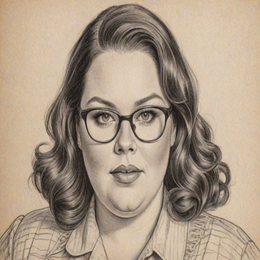 Appealing Chrissy Metz, pencil sketch, portrait of Lovely woman 1930s in glasses, hair style beatnik, outline, clear lines, fine lines, 8k
