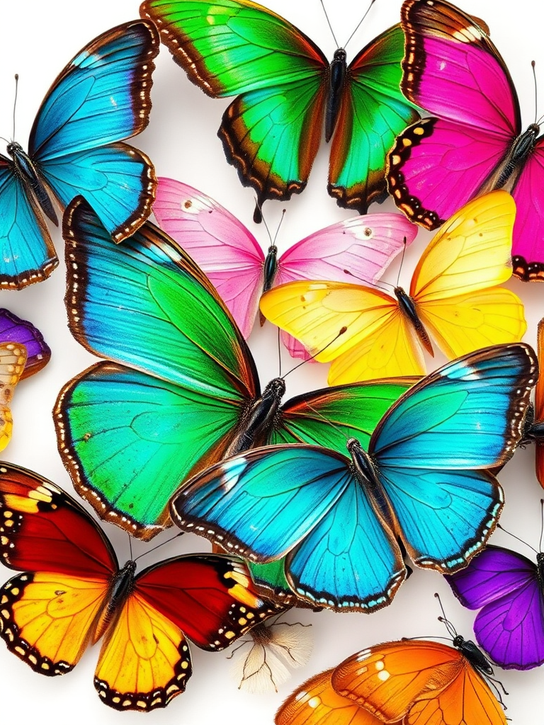 Create a vibrant digital collage of various butterfly species in an array of colors including blue, green, pink, yellow, and purple on a white background, using a macro lens, f/2.8 aperture, ISO 100, 50mm lens, with soft natural lighting to enhance the details and textures of the butterflies.