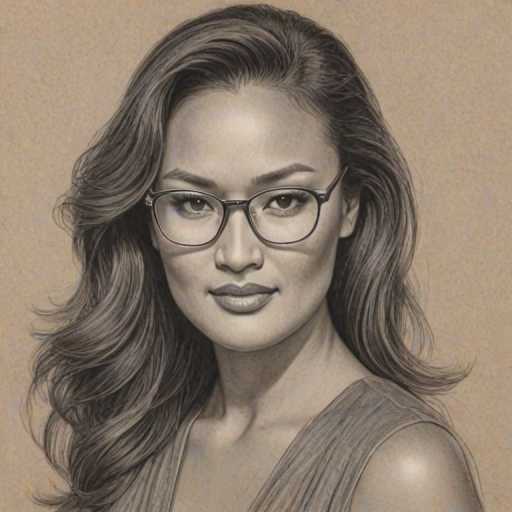 Fascinating Tia Carrere, pencil sketch, portrait of Superb woman 1935s in glasses, hair style beatnik, outline, clear lines, fine lines, 8k