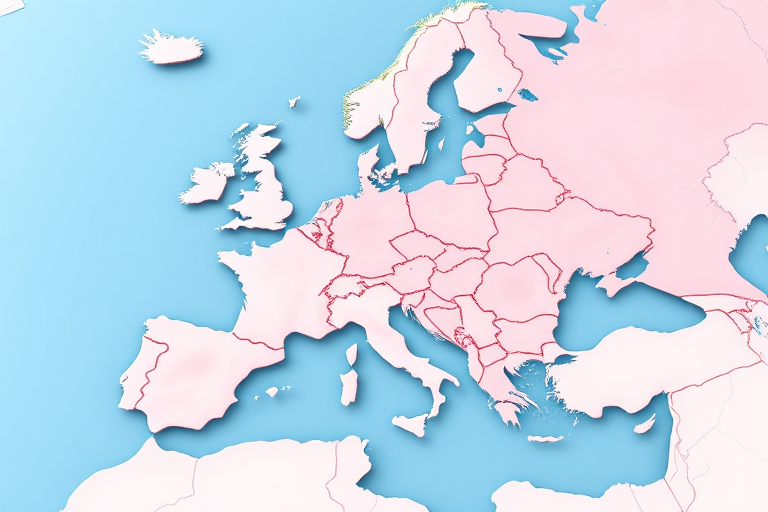 Generate a high-resolution 3D vector map of Europe with highlighted regions in soft pink tones, using a wide-angle lens, f/8 aperture, and ISO 100, captured with a digital camera at a 45-degree top-down angle.