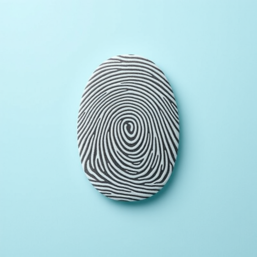 create a high-resolution image of a fingerprint on a light blue circular background with soft lighting, using a DSLR camera with a 50mm lens, aperture set to f/2.8, ISO 100, and a shallow depth of field for enhanced detail and clarity.