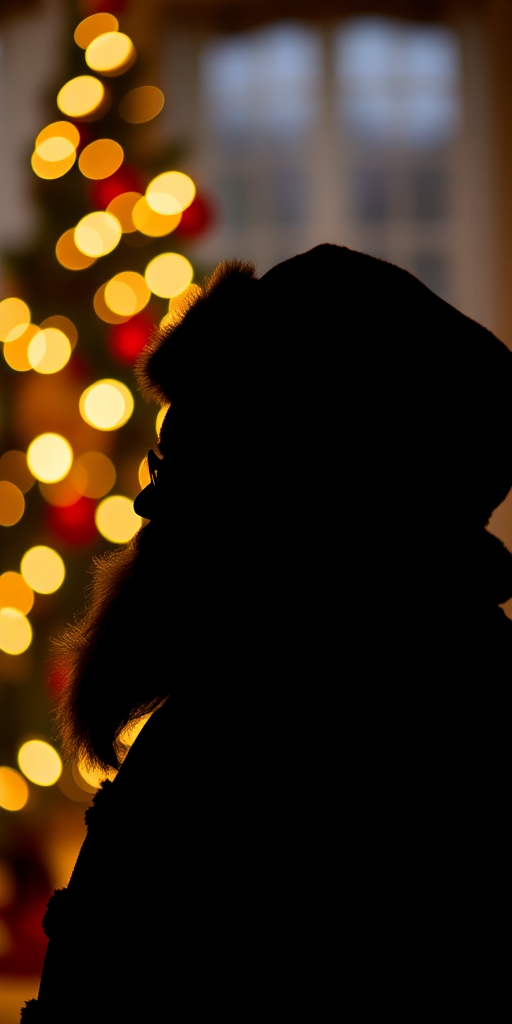Create a silhouette of Santa Claus wearing a hat against a festive background, shot with a Canon EOS R5 at f/2.8, ISO 100, 50mm lens, using a shallow depth of field for a soft blur effect.