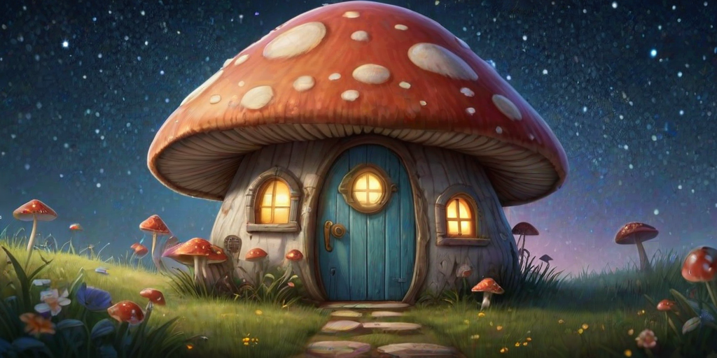 imagine illustration of a mushroom house with a door and a window, a storybook , fantasy art, mushroom house, bg starry sky, sparkles