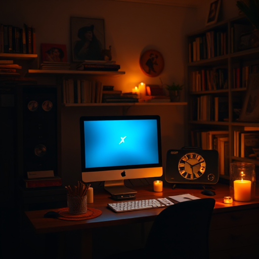 a cozy workspace with a glowing computer screen in a dimly lit room filled with books and candles, ambient light illuminating the scene, shot with a DSLR camera, 50mm lens, aperture f/1.8, ISO 200, captured from an eye-level angle for a warm atmosphere