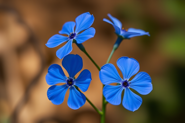 Create a high-resolution image of three vibrant blue flowers with a soft brown background, using a 50mm lens at f/1.8, ISO 100, and a shallow depth of field, captured in natural light with a DSLR camera.