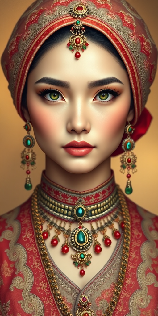 Create a portrait of a beautiful Vietnamese woman with striking green eyes and a gentle expression. She is adorned in traditional attire with intricate patterns, including a richly embroidered headscarf and matching garments. Her jewelry includes a delicate headpiece, dangling earrings, and ornate bracelets, all featuring vibrant gemstones and detailed metalwork. The background is soft and warm, enhancing the rich colors of her outfit and jewelry.