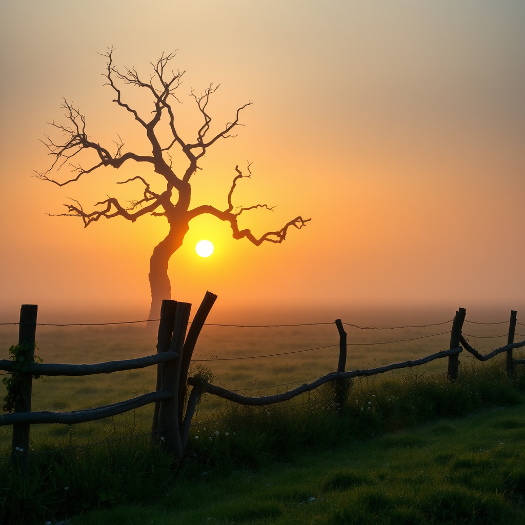 A serene countryside landscape at dawn, with a misty orange glow filling the air. The sun rises behind a large twisted and gnarled bare tree, casting a warm light over the scene. A rustic wooden fence, weathered and overgrown with vines and delicate wildflowers along the fence line, stretches into the distance, dividing a grassy field that fades into the fog. The grass is dew-kissed and shimmering, and there's a touch of mist rising from the ground. The sky gradually fades into darker shades as it reaches higher, enhancing the peaceful, dreamlike dark fantasy atmosphere