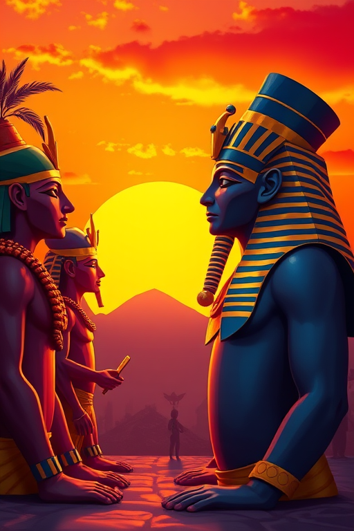 Create a high-resolution digital illustration of ancient Egyptian gods in a vibrant sunset background, using a Canon EOS R5 with a 50mm lens at f/1.8, ISO 100, and a shutter speed of 1/200s, emphasizing bold colors and smooth gradients for enhanced visual impact.