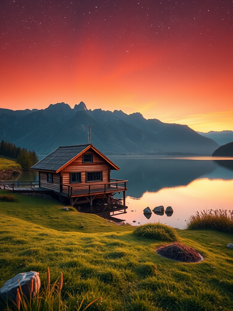 Regenerate a vibrant landscape featuring a small wooden house by a calm lake at sunset, with mountains in the background and a starry sky, captured with a Canon EOS R5 at f/8, ISO 200, 24mm lens, using a wide-angle perspective and soft focus for artistic effect.