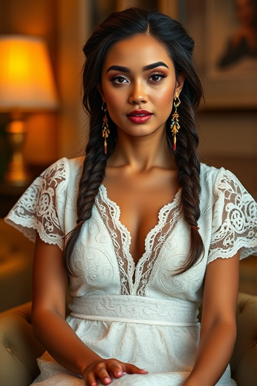 Create a portrait of a refined and elegant Hawaiian woman seated in a sophisticated setting. She has long, wavy hair styled in two thick braids that are pulled over her shoulders. She wears a white, lace gown with intricate patterns, featuring a deep V-neckline and short sleeves. The dress exudes a vintage charm with its delicate lacework. She is adorned with ornate, dangling earrings that add a touch of glamour to her appearance. The background is softly lit, with warm, ambient lighting that creates a cozy and inviting atmosphere. Her expression is poised and serene, capturing a sense of grace and elegance.