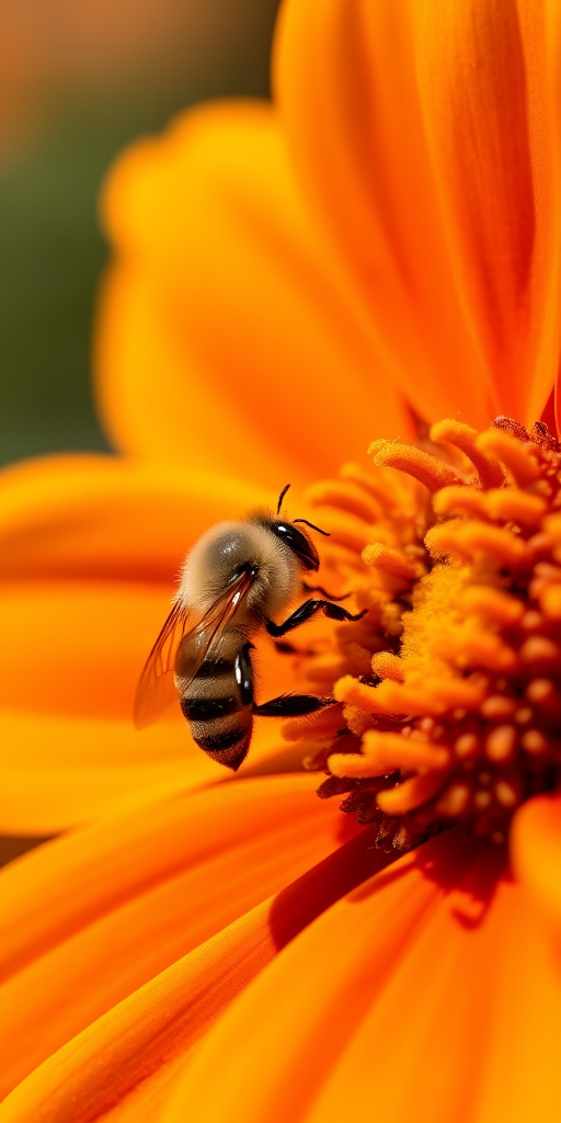 close-up shot of a vibrant orange flower with a bee on its petals, macro lens, f/2.8 aperture, ISO 100, 1/200 sec shutter speed, natural sunlight, DSLR camera, shallow depth of field, vivid colors