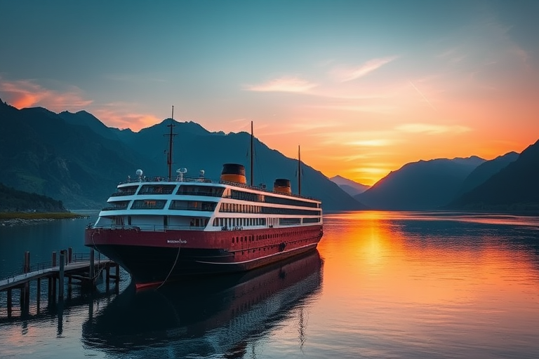 Create a highly detailed and vibrant image of a large ark docked by a serene river with majestic mountains in the background during sunset, using a DSLR camera with a 24mm lens, aperture f/8, ISO 100, and a soft focus effect to enhance the scenery.