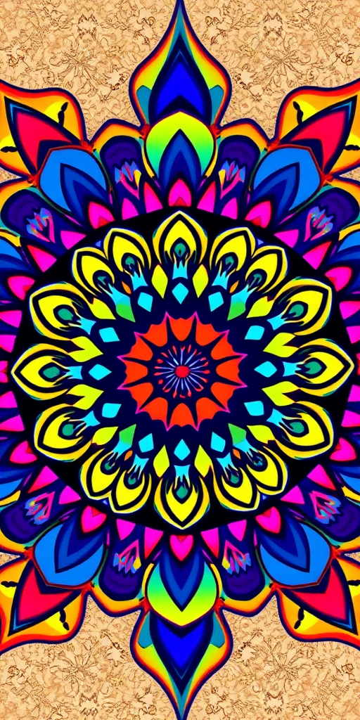 Create a vibrant, intricate mandala design with bold colors and geometric shapes, shot with a Canon EOS R5 at f/8, ISO 100, 50mm lens, top-down view, using vivid color contrast and high saturation styles for enhanced visual impact.