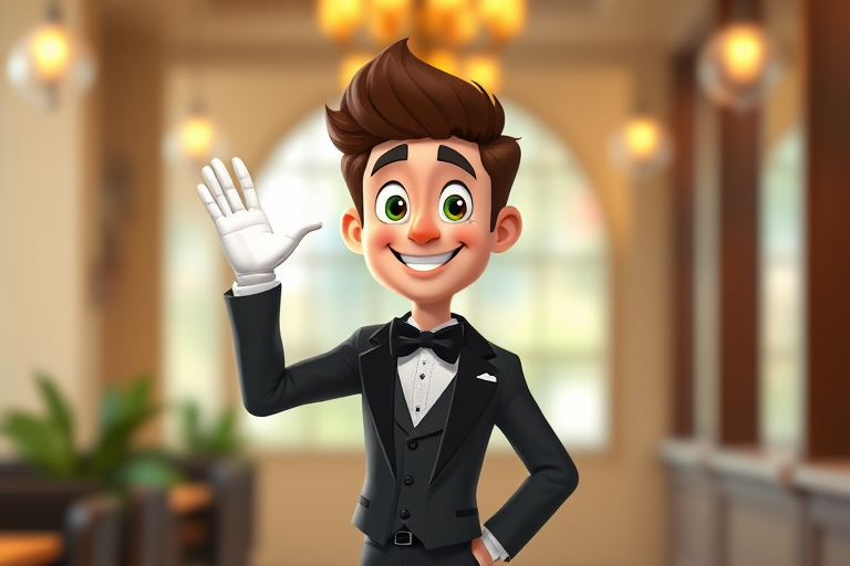 Generate a high-quality image of a cartoonish male character in a tuxedo, styled as a friendly waiter, standing with one hand raised in a welcoming gesture, using a DSLR camera setting of f/2.8, 1/60 sec, ISO 100, in a portrait view with a soft focus background to enhance the subject.