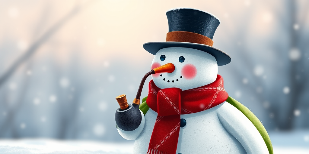 Create a high-resolution illustration of a snowman wearing a top hat and a red scarf, holding a pipe, and carrying a green sack, captured with a Canon EOS R5 at f/8, ISO 100, 1/250s, in bright daylight for enhanced colors and sharpness, with a slight 45-degree angle view for depth.