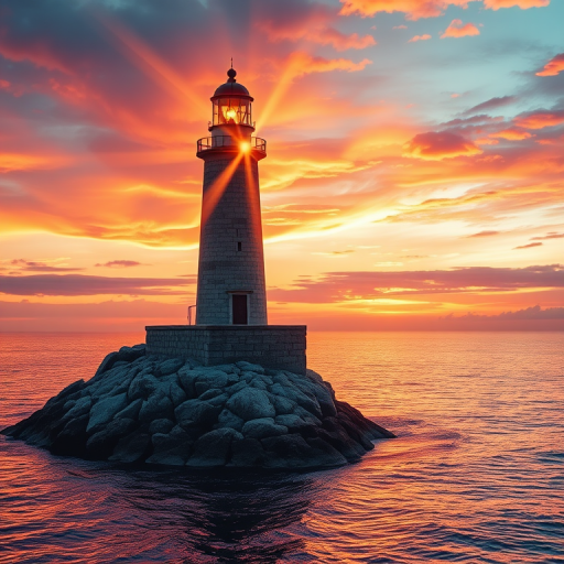 Generate an image of a tall lighthouse perched on a rocky outcrop surrounded by calm ocean waters during a breathtaking sunset. The lighthouse stands sturdy and weathered, its stone surface illuminated by the warm golden light of the setting sun. The sun's rays pass directly through the glass lantern room at the top of the lighthouse, casting a brilliant light across the scene. The sky is painted with vibrant shades of orange, pink, and purple, reflecting off the tranquil sea. The surrounding water shimmers with the same warm hues, creating a serene and majestic atmosphere.