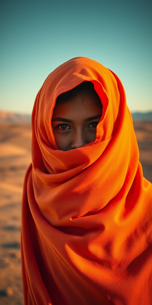 Capture a close-up portrait of a figure draped in an orange fabric, partially obscured, set against a vast desert landscape with soft, warm sunlight illuminating the scene; use a Canon EOS R5 with a 50mm lens at f/1.8, ISO 100, and a shutter speed of 1/2000s for vibrant colors and sharp details.