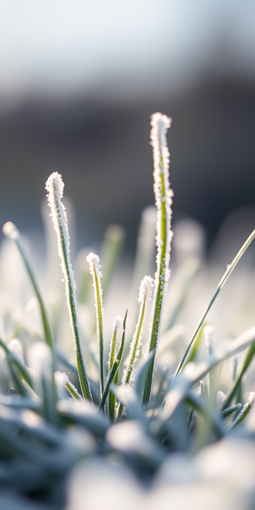 macro shot of frost-covered grass with soft focus background, aperture f/2.8, shutter speed 1/200s, ISO 100, taken with a DSLR camera using a 100mm macro lens, natural light for enhanced clarity and detail