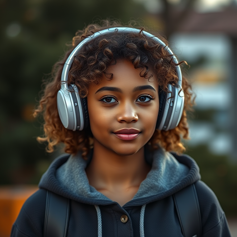 Regenerate an image of a young woman with curly hair wearing oversized headphones and a hoodie, captured in high resolution with a Canon EOS R5, 85mm lens, f/1.8 aperture, natural lighting, and a soft focus background.