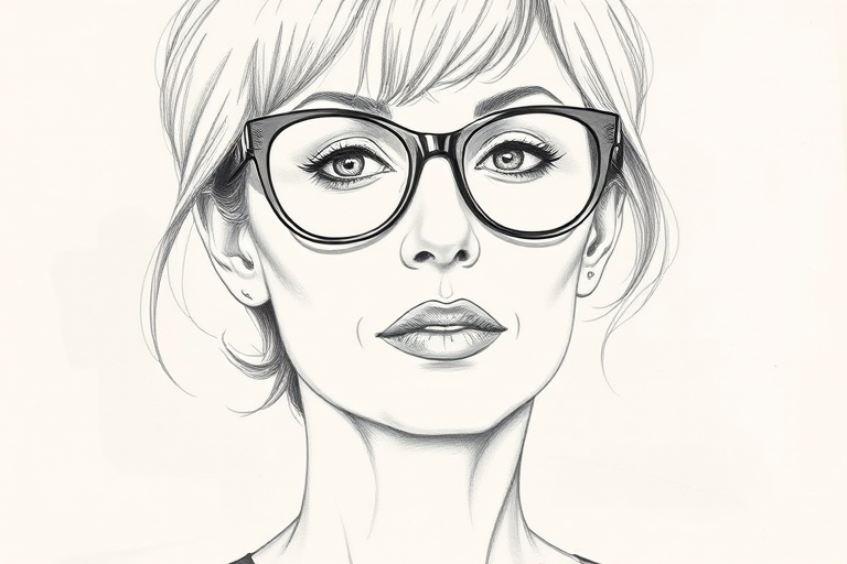 Beautiful Helen Mirren, pencil sketch, portrait of beautiful woman 60s in glasses, hair style beatnik, outline, clear lines, fine lines, 8k