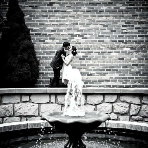 capture a black and white image of a couple sharing a kiss on a stone ledge in front of a brick wall, with a fountain in the foreground, shot with a Canon EOS R5, 50mm lens, f/1.8 aperture, ISO 100, shutter speed 1/250s, natural light, shallow depth of field for a soft background blur