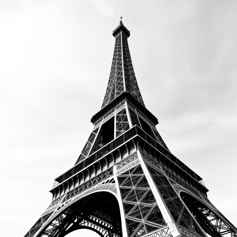 Create a high-resolution black and white illustration of the Eiffel Tower, shot from a low angle with a wide lens, using a DSLR camera at f/8 aperture, ISO 100, and a shutter speed of 1/250s to enhance detail and clarity.