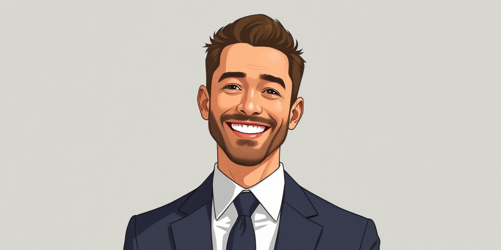 Create a high-resolution illustration of a smiling man in a suit with a simple background, using a Canon EOS R5 camera with a 50mm f/1.2 lens, aperture set to f/4, ISO 100, and a soft natural light to enhance the image quality.