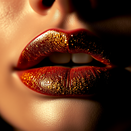 Glamorous gold-flecked lips with a high-shine finish, exuding luxury and opulence, captured in a close-up beauty shot with dramatic chiaroscuro lighting