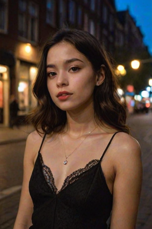 Low-resolution photo, likely shot on a mobile phone, shows noticeable grain and slight blurriness. Young woman, early 20s, casual attire, wearing a black lace camisole, delicate necklace. Leaning slightly forward, lips puckered as if blowing a kiss, long wavy dark hair cascading over her shoulders, minimal makeup closed eyes. Night street scene in the background, urban setting, tree trunk on the right, traffic cones, parked cars, and illuminated storefronts, warm light from street lamps, dutch angle