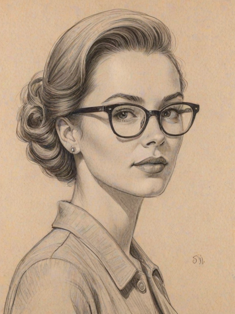 Sublime Amanda Fuller, pencil sketch, portrait of Elegant woman 1953s in glasses, hair style beatnik, outline, clear lines, fine lines, 8k