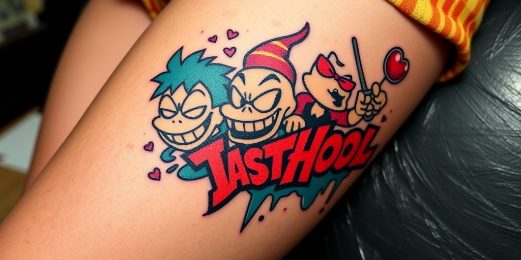 Playful new school tattoo on the thigh, featuring exaggerated cartoon characters and bold, graffiti-inspired elements, employing vivid colors and thick outlines for a fun and eye-catching design