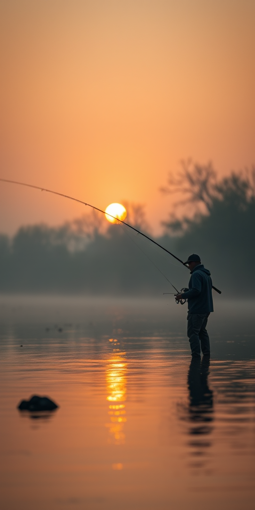 Softly focused image of a fisherman casting a line into a calm river at dusk, soft golden light from the setting sun reflecting on the water's surface, with distant trees barely visible through the mist.