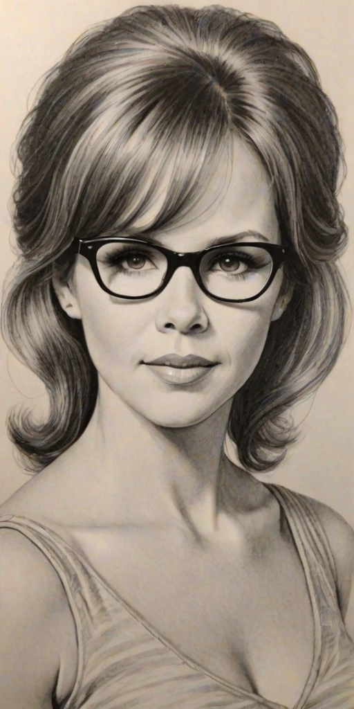 Pleasing Linda Blair, pencil sketch, portrait of Lovely woman 1964s in glasses, hair style beatnik, outline, clear lines, fine lines, 8k