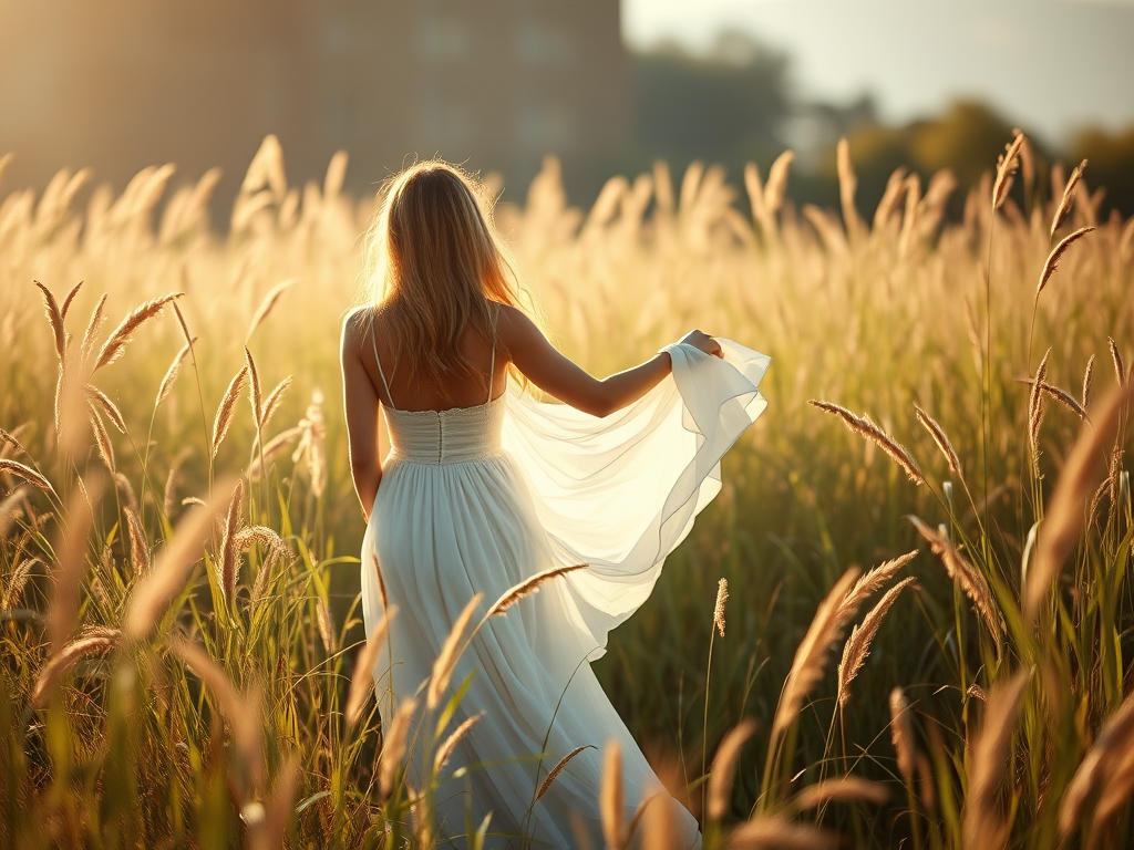 regenerate the image of a woman in a flowing white dress standing in tall grass with her back to the camera, natural sunlight, Canon EOS R5, f/2.8, ISO 100, 85mm lens, soft focus background, high dynamic range, portrait orientation