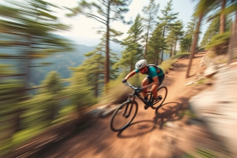 Blurry, action-packed image of a cyclist speeding down a steep mountain trail, soft focus on the surrounding trees and rocks, with a feeling of speed and adrenaline.