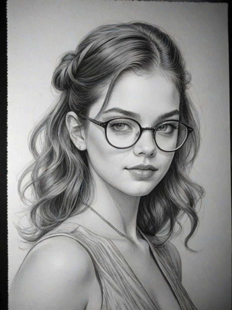 Graceful Barbara Palvin, pencil sketch, portrait of Charming woman 1933s in glasses, hair style beatnik, outline, clear lines, fine lines, 8k