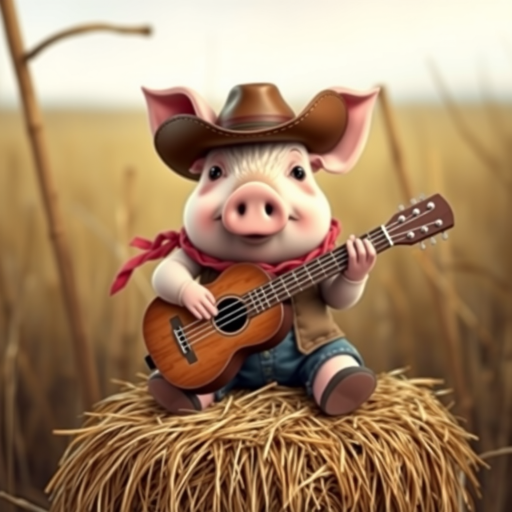 A chibi pig, dressed as a cowboy, playing guitar, sitting on a hay bale