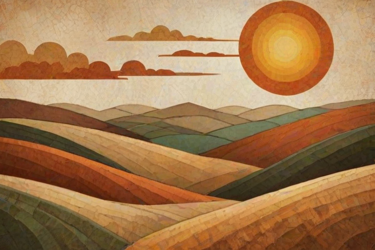 create an abstract landscape featuring rolling hills and a large sun in warm earth tones, with a textured, vintage feel