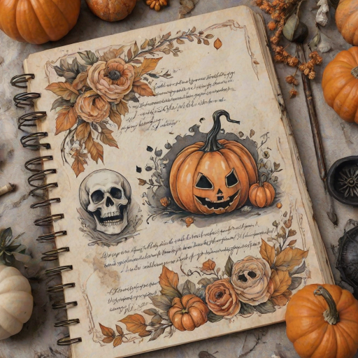 Design a detailed watercolor, vintage-inspired Halloween-themed imagery for a cottagecore junk journal. The design features a spooky yet shabby chic aesthetic with handwritten elements in faded ink, showing slight wear. Include pumpkins, cute ghosts, and adorable skulls alongside autumn florals, all rendered in soft pastel colors like pale orange, cream, and black for accents. The imagery has a slight worn or parchment texture, creating a nostalgic feel. The high-resolution image has no blur, contrast, or grainy textures, and is filled with intricate details in 8k definition.