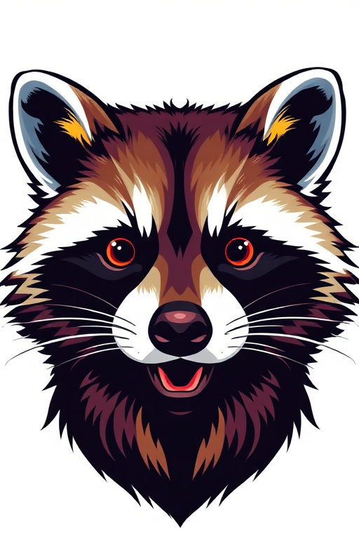 A stylized raccoon head illustration, vibrant colors, high contrast, digitally drawn, camera settings: ISO 100, aperture f/8, shutter speed 1/200 sec, camera view: front view, camera style: vector art, camera type: digital illustration.