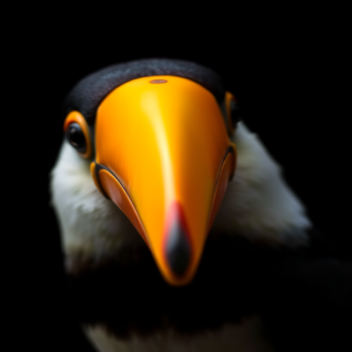 Close-up portrait of a black and white toucan with vibrant orange beak against a dark background, taken with a DSLR camera at f/2.8, ISO 200, 1/500 sec, using a 100mm macro lens, soft-focus background for enhanced detail.