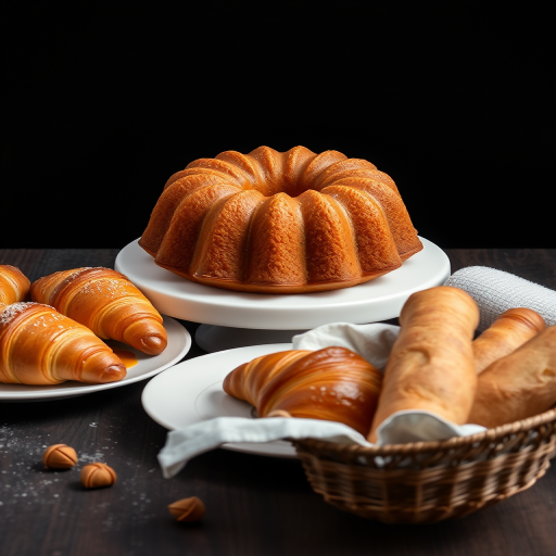 Create a high-quality image of an assortment of bakery items including a Bundt cake, croissants on a plate, and baguettes in a basket, taken with a Canon EOS R5, aperture f/2.8, ISO 100, and a focal length of 50mm, using a soft diffused lighting setup against a black backdrop.