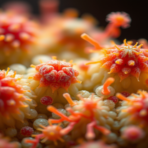 macro photograph of colorful microorganisms with intricate textures and organic shapes, shallow depth of field, aperture f/2.8, ISO 100, 50mm lens, soft diffused lighting, taken with a high-resolution DSLR camera