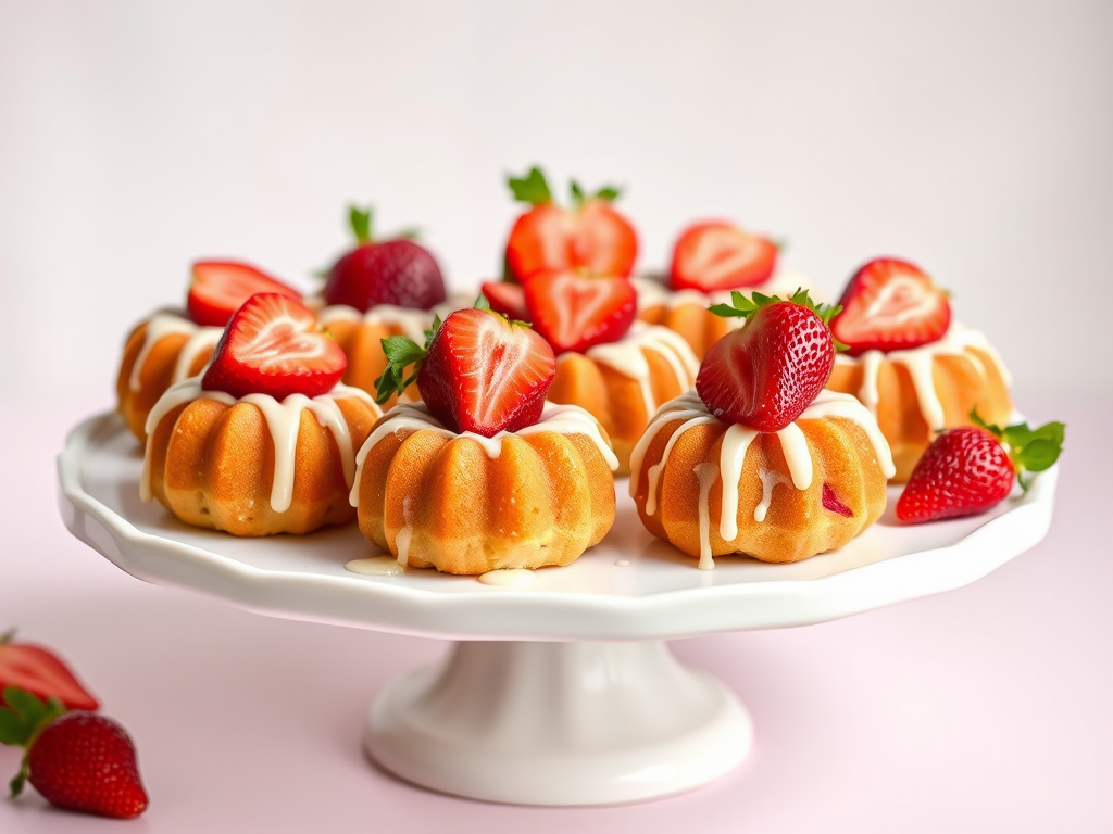 A beautifully arranged display of mini bundt cakes topped with fresh strawberries and drizzled with a creamy icing on a white porcelain cake stand with a soft pastel background.