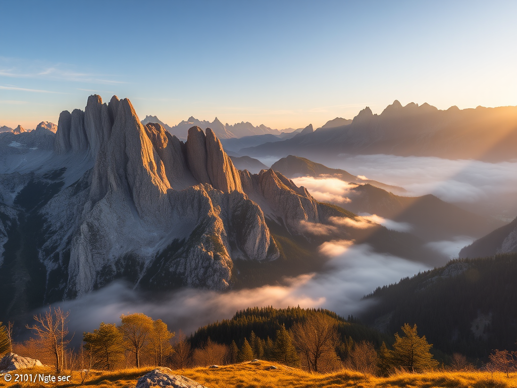 A scenic view of the Dolomite mountains during golden hour, with soft sunlight illuminating the peaks and mist rolling through the valleys, captured with a DSLR camera at f/11, ISO 100, 1/125 sec, wide-angle lens, landscape orientation, high resolution.
